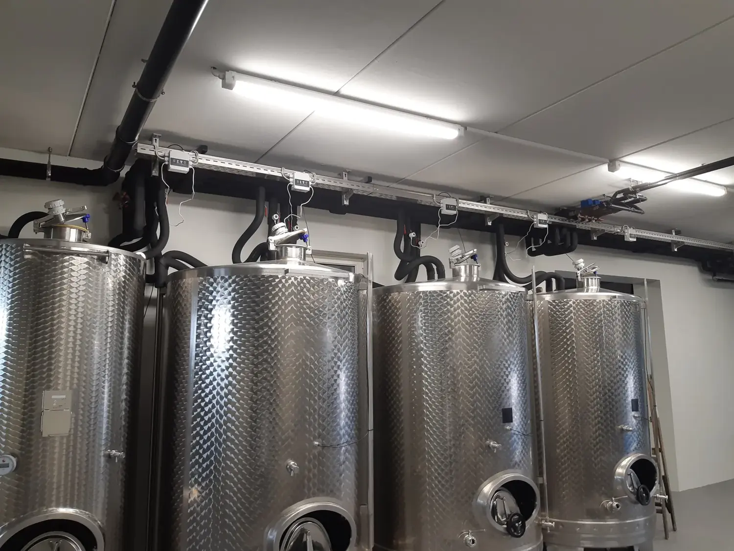 Edelstahltanks mit Kühlleitungen in einer Produktionshalle